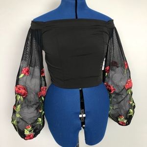 Black off shoulder crop top rose mesh sleeve